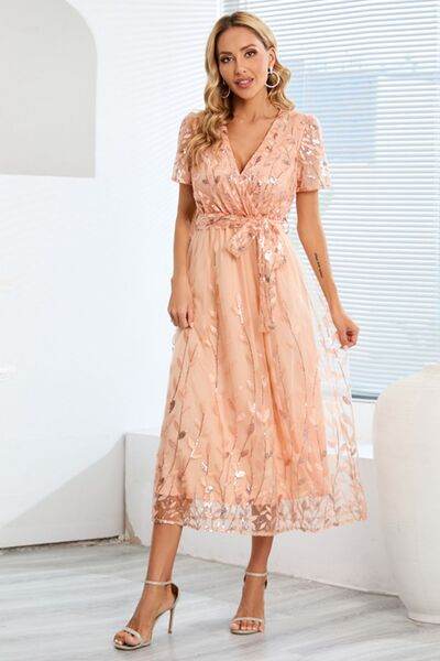 Sequin Leaf Embroidery Tie Front Short Sleeve Dress - Hovatok
