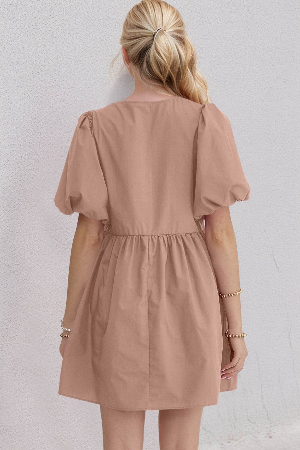 Oh Bow Ruched Puff Sleeve Mini Dress - Hovatok