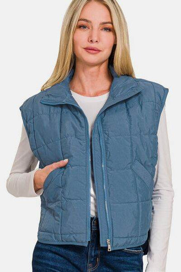 Zenana Zip Up Cropped Puffer Vest with Pockets - Hovatok