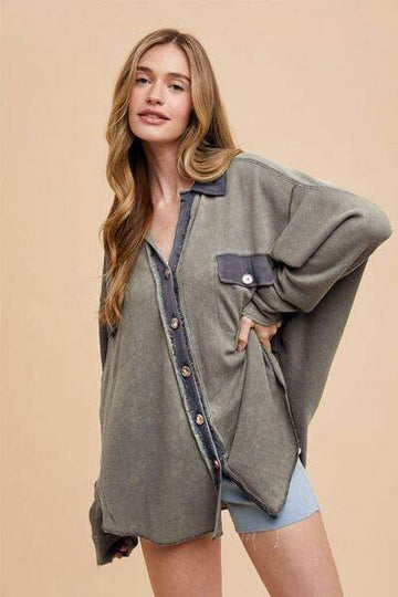Annie Wear Waffle-Knit Mineral Washed Button Down Shirt - Hovatok