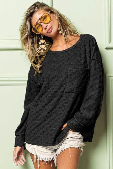 BiBi Checkered Round Neck Exposed Seam Top - Hovatok