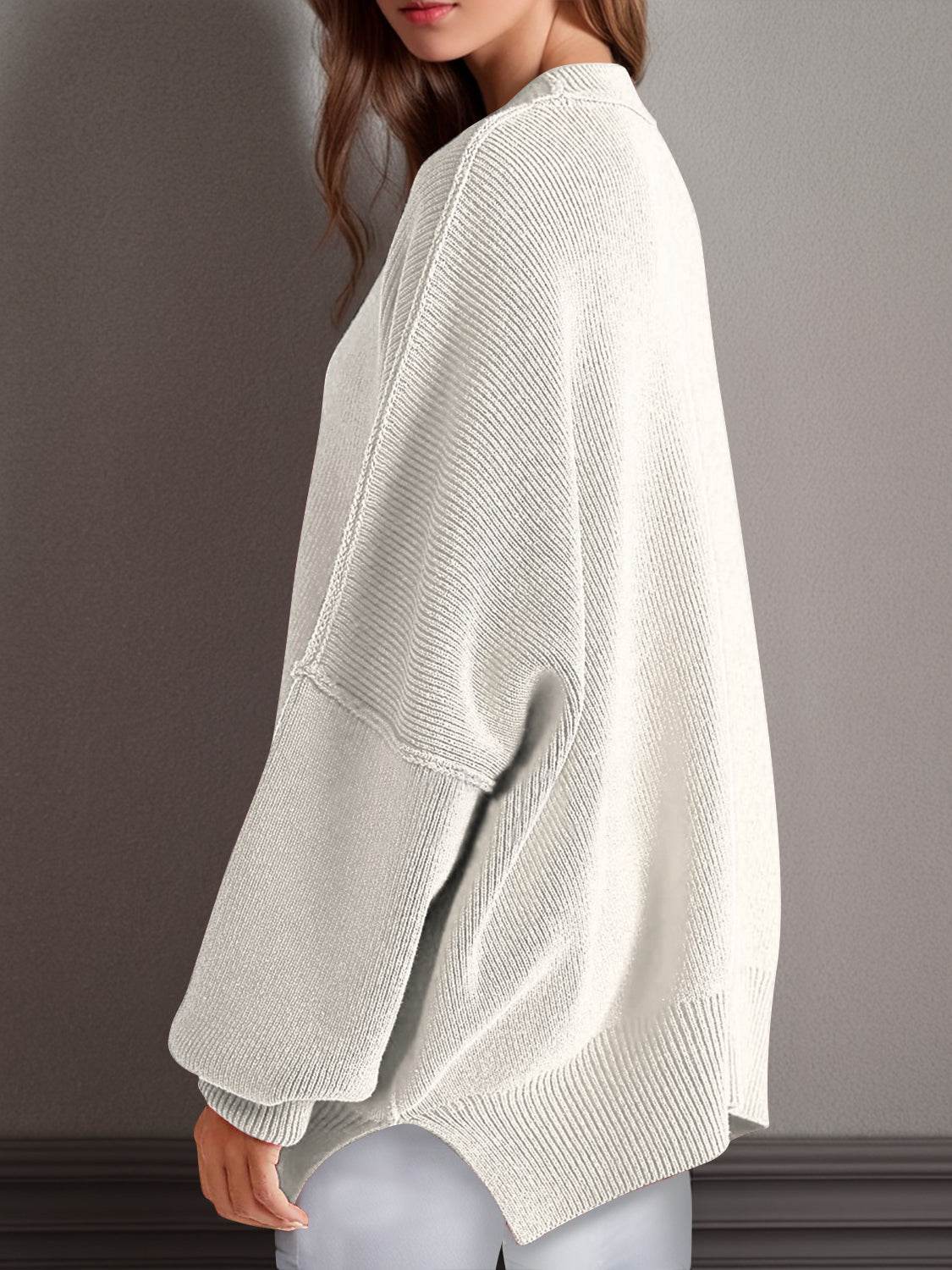 Double Take Side Slit Round Neck Long Sleeve Sweater - Hovatok