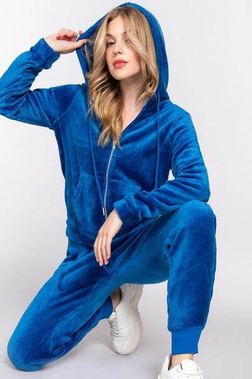 ACTIVE BASIC Faux Fur Zip Up Long Sleeve Hoodie and Joggers Set - Hovatok
