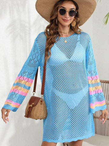 Openwork Contrast Long Sleeve Cover-Up - Hovatok