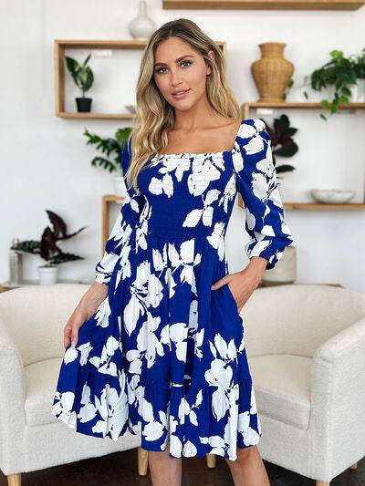 Double Take Full Size Floral Ruffle Hem Smocked Dress with Pockets - Hovatok