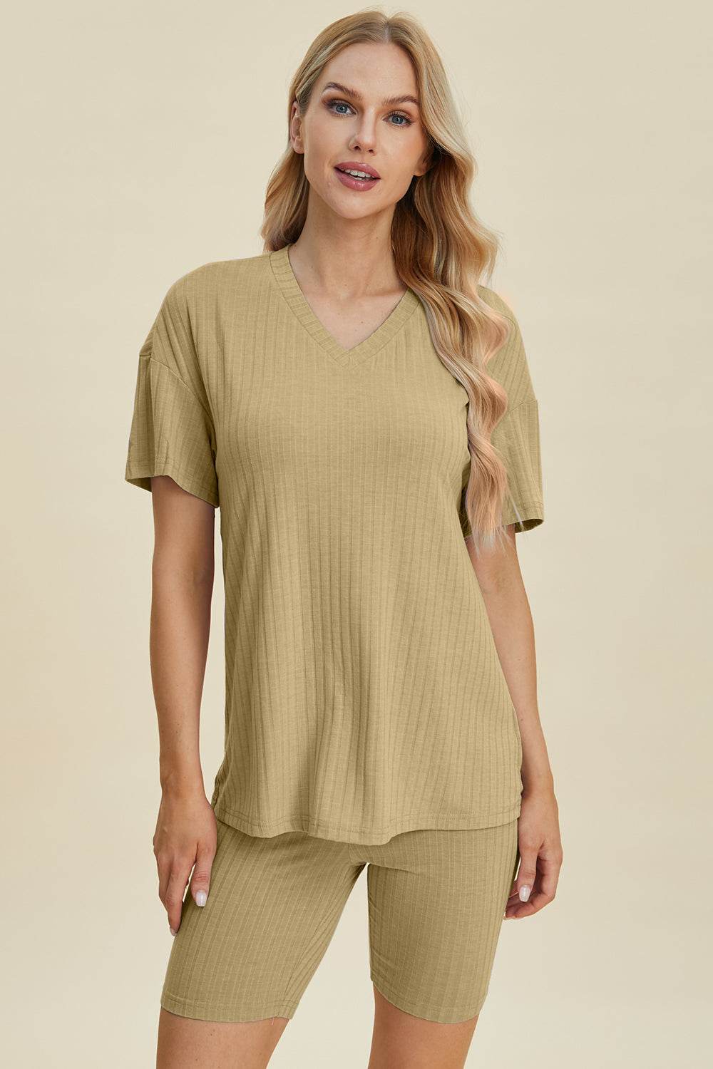 Basic Bae Full Size Ribbed V-Neck Short Sleeve Top and Shorts Set - Hovatok