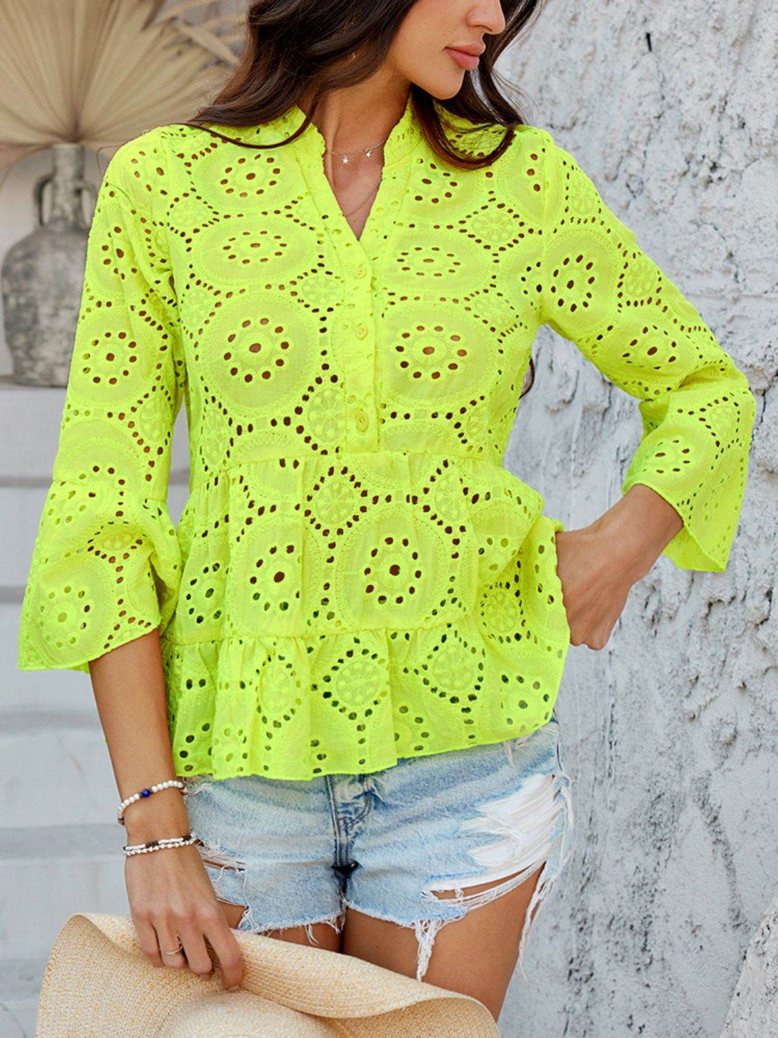 Devine Half Button Flounce Sleeve Peplum Blouse - Hovatok