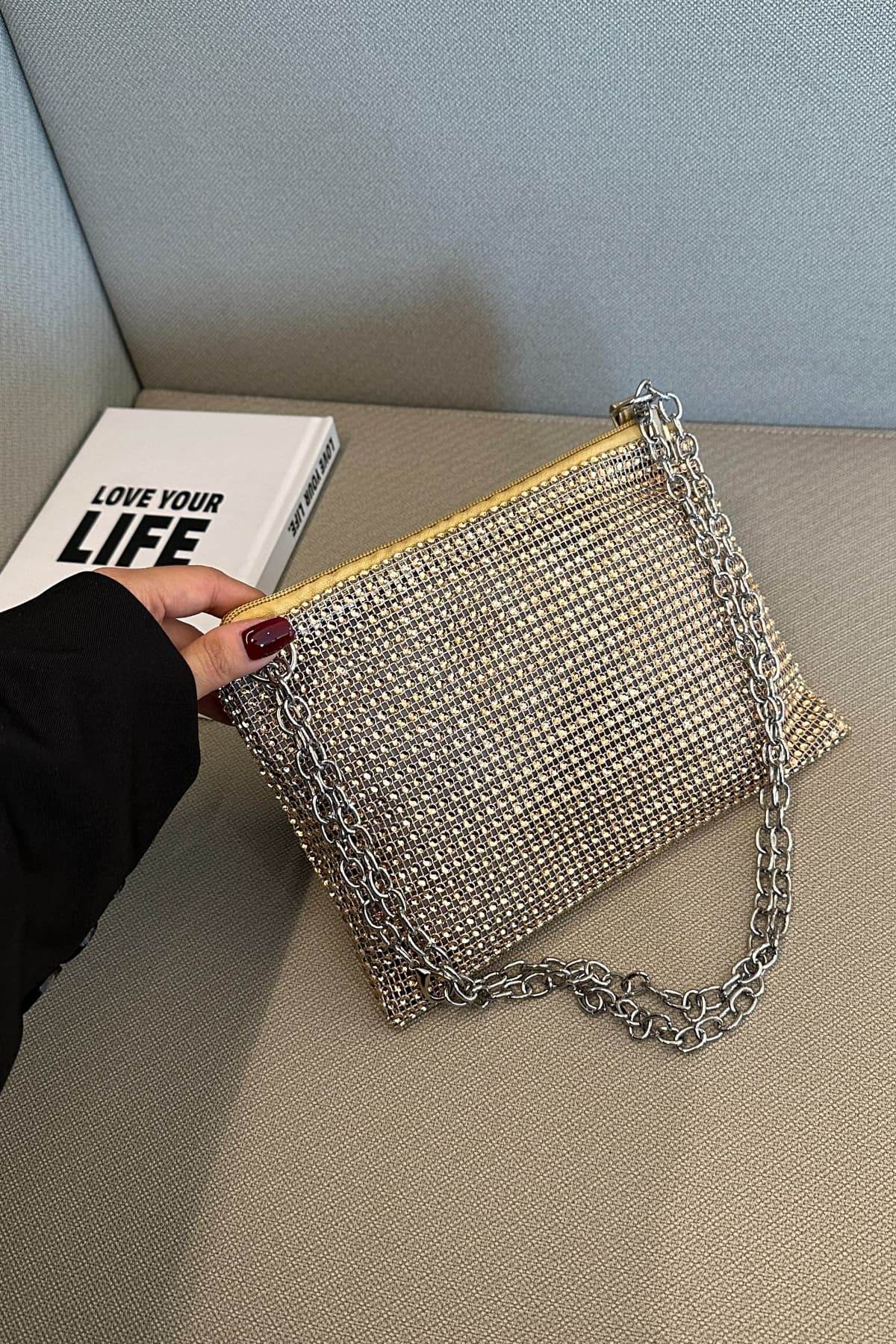 Rhinestone Polyester Chain Crossbody Bag - Hovatok