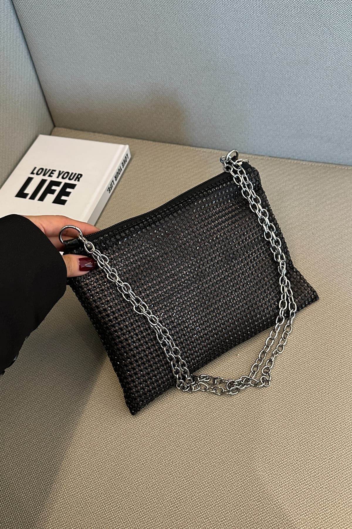 Rhinestone Polyester Chain Crossbody Bag - Hovatok