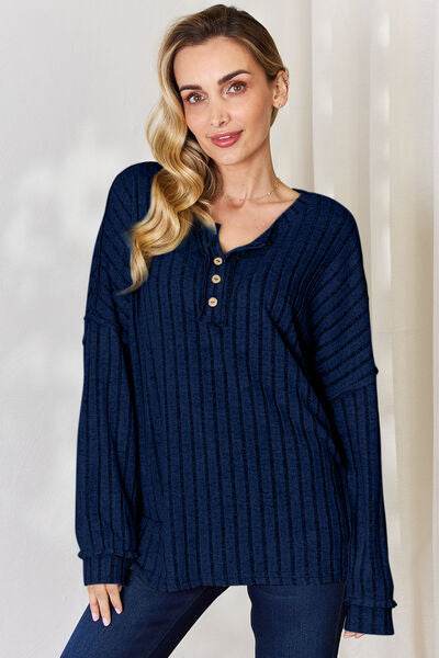 Basic Bae Full Size Ribbed Half Button Long Sleeve T-Shirt - Hovatok
