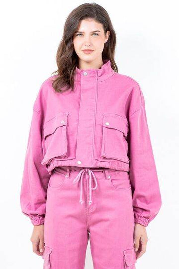 American Bazi Full Size Drawstring Hem Cargo Pocket Cropped Worker Jacket Plus Size - Hovatok