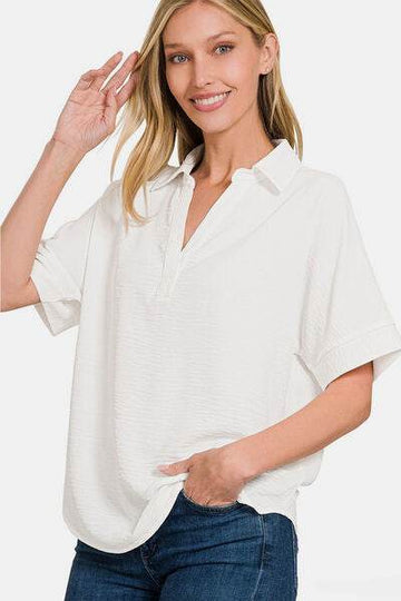 Zenana Texture Collared Neck Short Sleeve Top - Hovatok