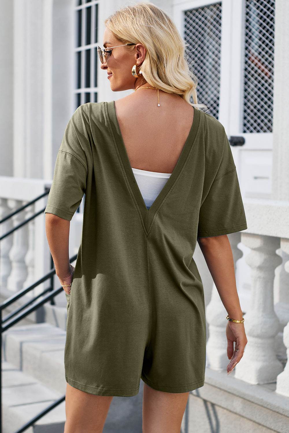 Lovelet Backless Round Neck Half Sleeve Romper - Hovatok