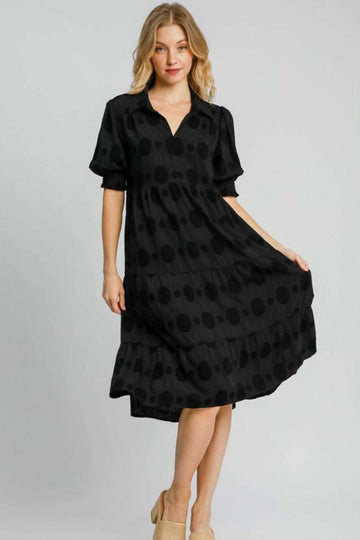 Umgee Full Size Swiss Dot Jacquard Tiered Midi Dress Plus Size - Hovatok