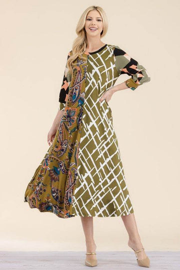 Celeste Full Size Paisley Contrast Tent Midi Dress Plus Size - Hovatok