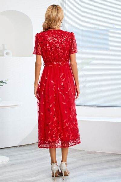 Sequin Leaf Embroidery Tie Front Short Sleeve Dress - Hovatok