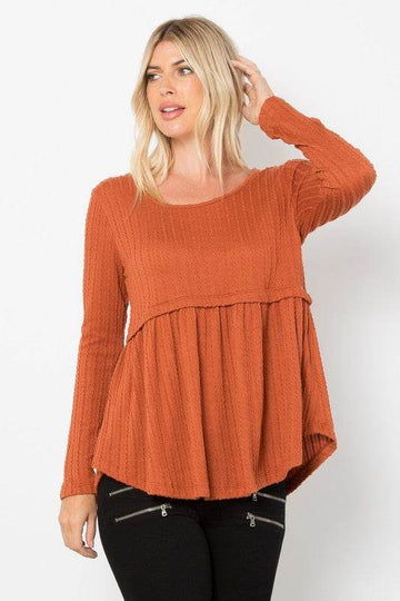 Be Stage Full Size Texture Babydoll Round Neck Long Sleeve Knit Top - Hovatok