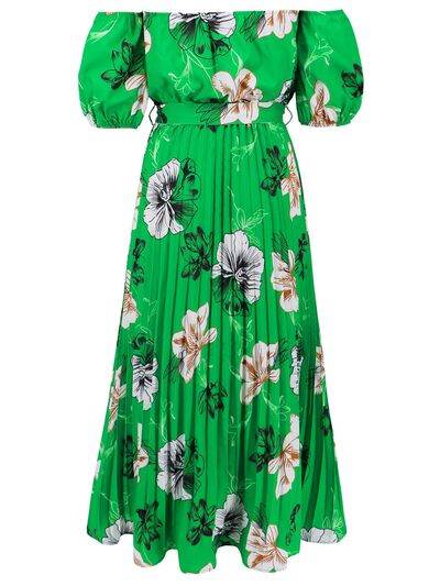 Pleated Floral Off-Shoulder Short Sleeve Midi Dress - Hovatok