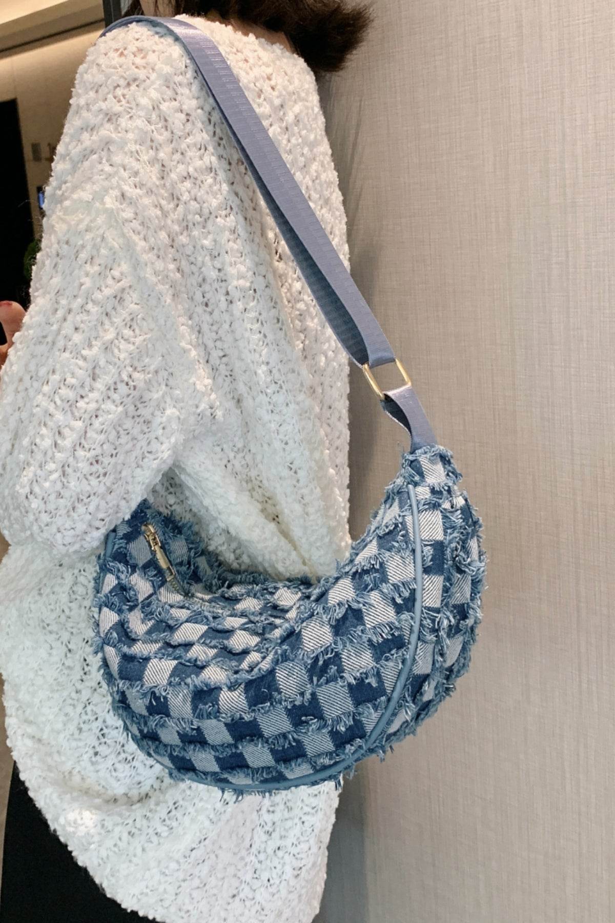 Raw Hem Checkered Denim Crossbody Bag - Hovatok