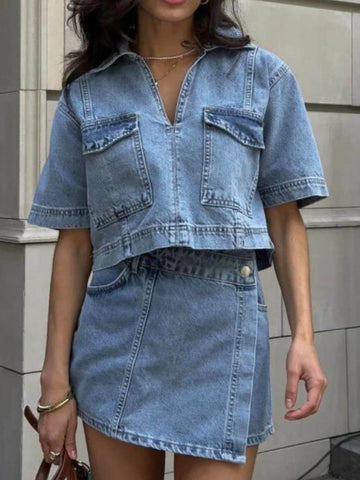 Johnny Collar Short Sleeve Top and Skort Denim Set - Hovatok