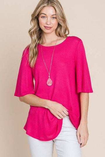 BOMBOM Round Neck Waffle Knit T-Shirt - Hovatok