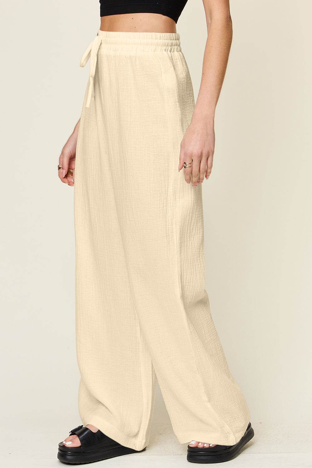 Double Take Full Size Texture Drawstring Wide Leg Pants - Hovatok