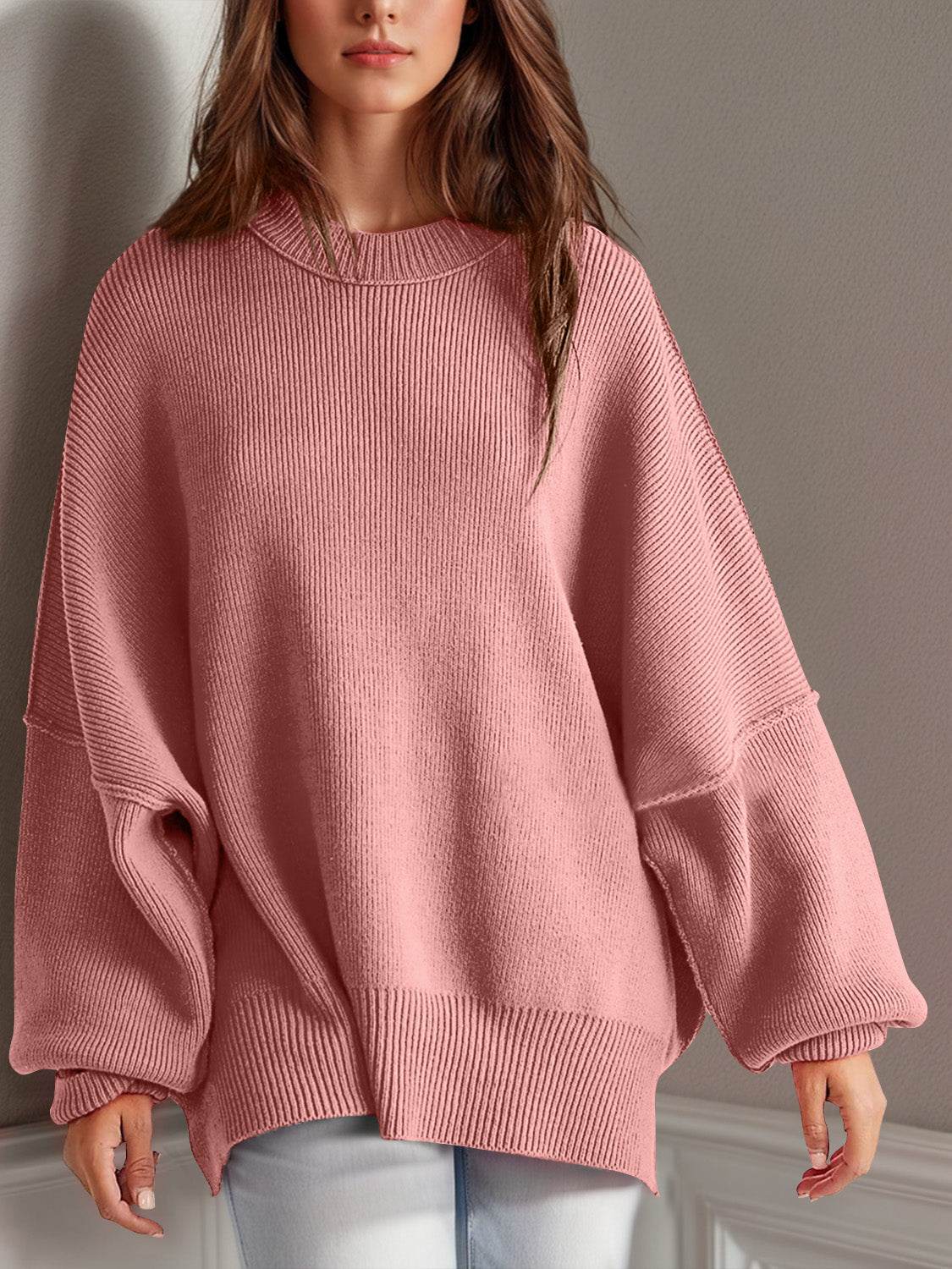 Double Take Side Slit Round Neck Long Sleeve Sweater - Hovatok