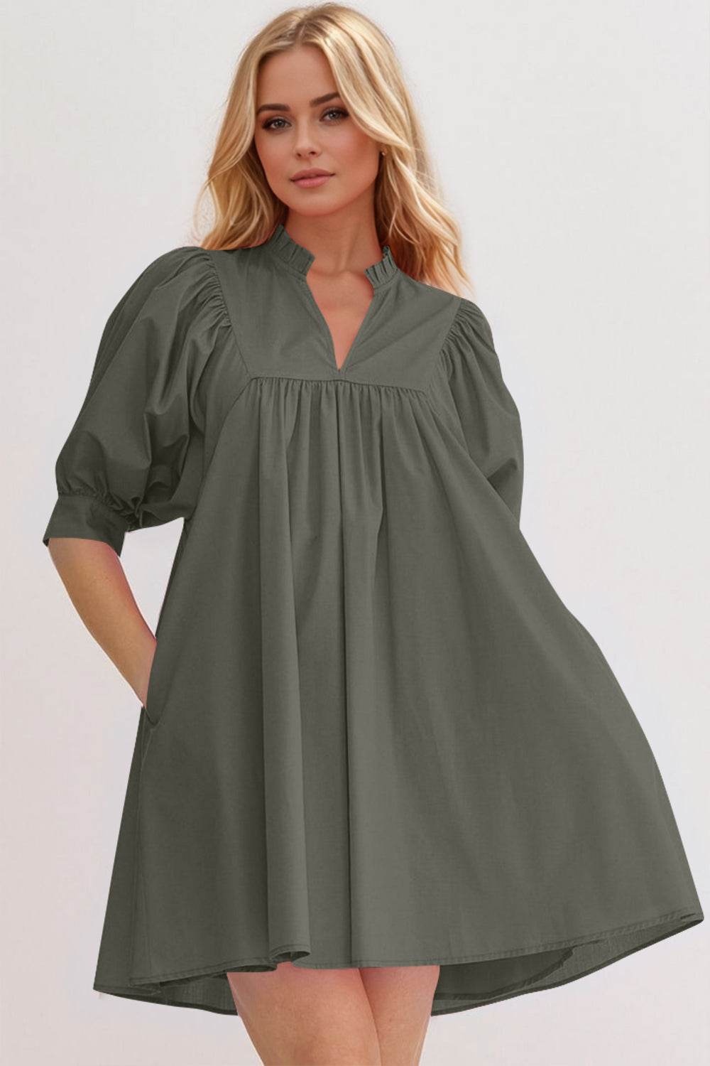 Oh Frill Notched Puff Sleeve Babydoll Mini Dress - Hovatok