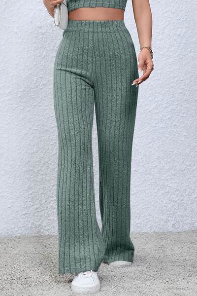 Basic Bae Full Size Ribbed High Waist Flare Pants - Hovatok
