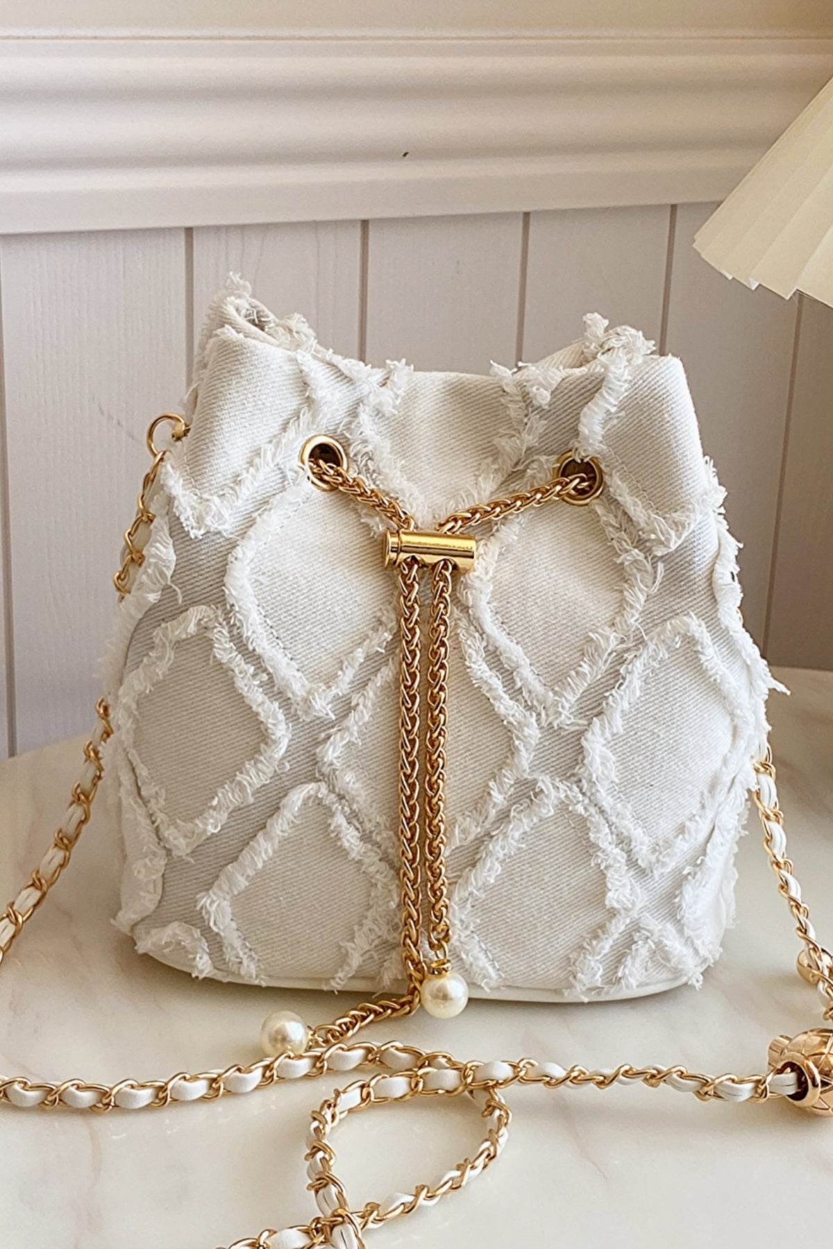 Chain Drawstring Raw Edge Denim Bucket Bag - Hovatok