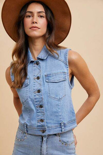 Annie Wear Collared Neck Button Down Denim Vest - Hovatok