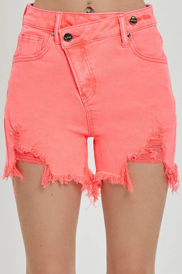RISEN Raw Hem Asymmetrical Waist Denim Shorts - Hovatok