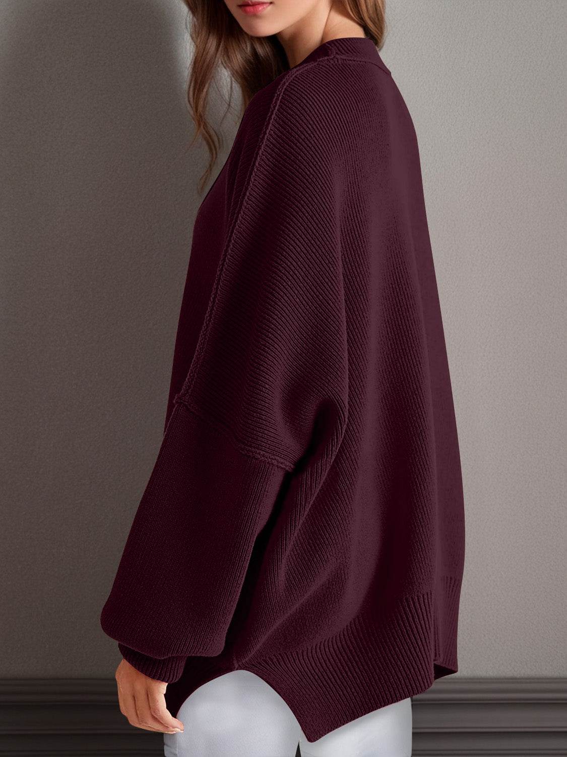 Double Take Side Slit Round Neck Long Sleeve Sweater - Hovatok