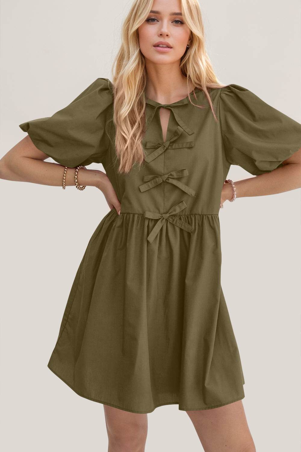 Oh Bow Ruched Puff Sleeve Mini Dress - Hovatok
