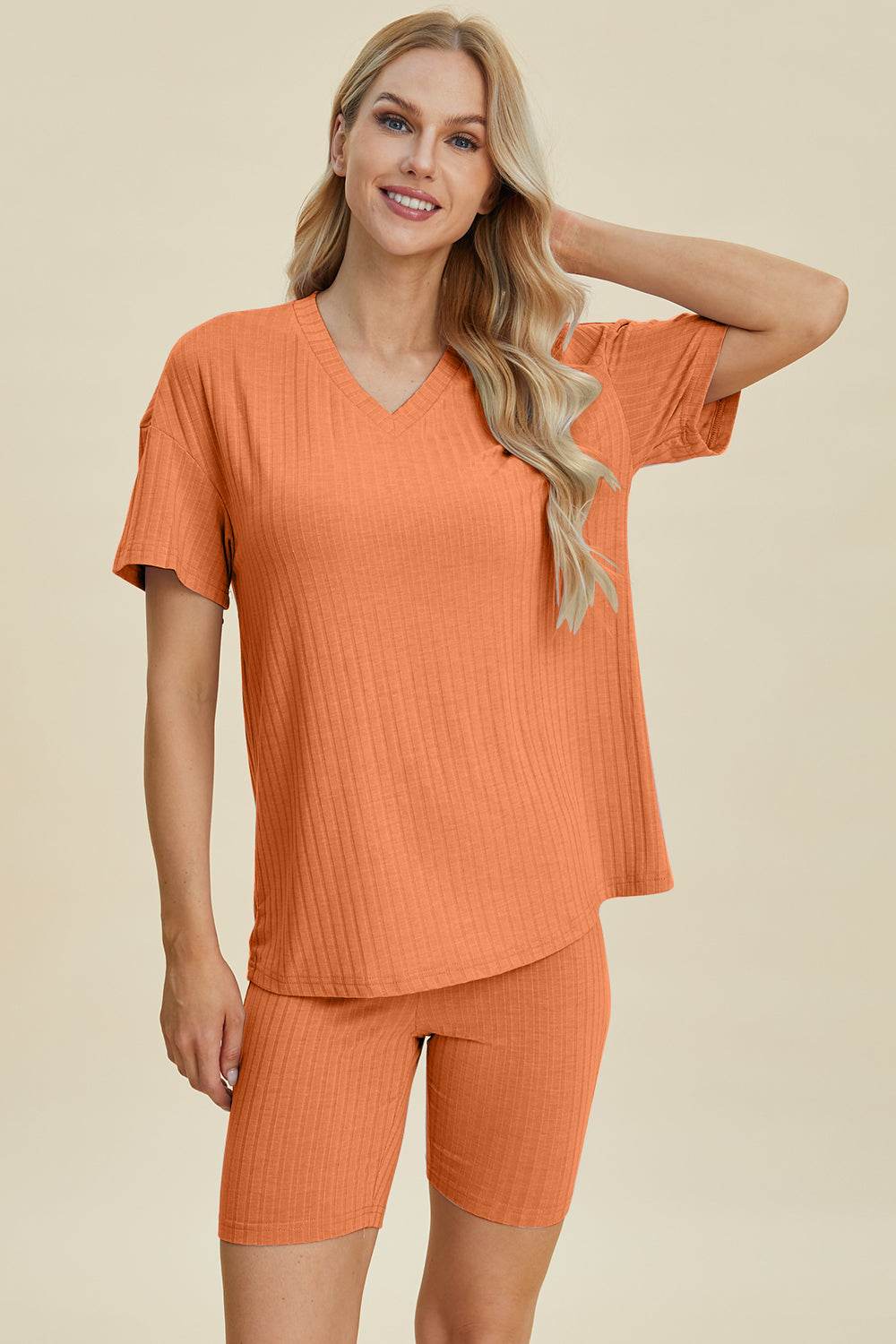 Basic Bae Full Size Ribbed V-Neck Short Sleeve Top and Shorts Set - Hovatok