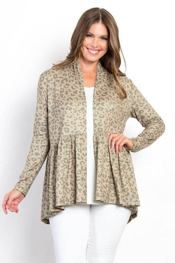 Be Stage Full Size Peplum Leopard Open Front Long Sleeve Cardigan - Hovatok