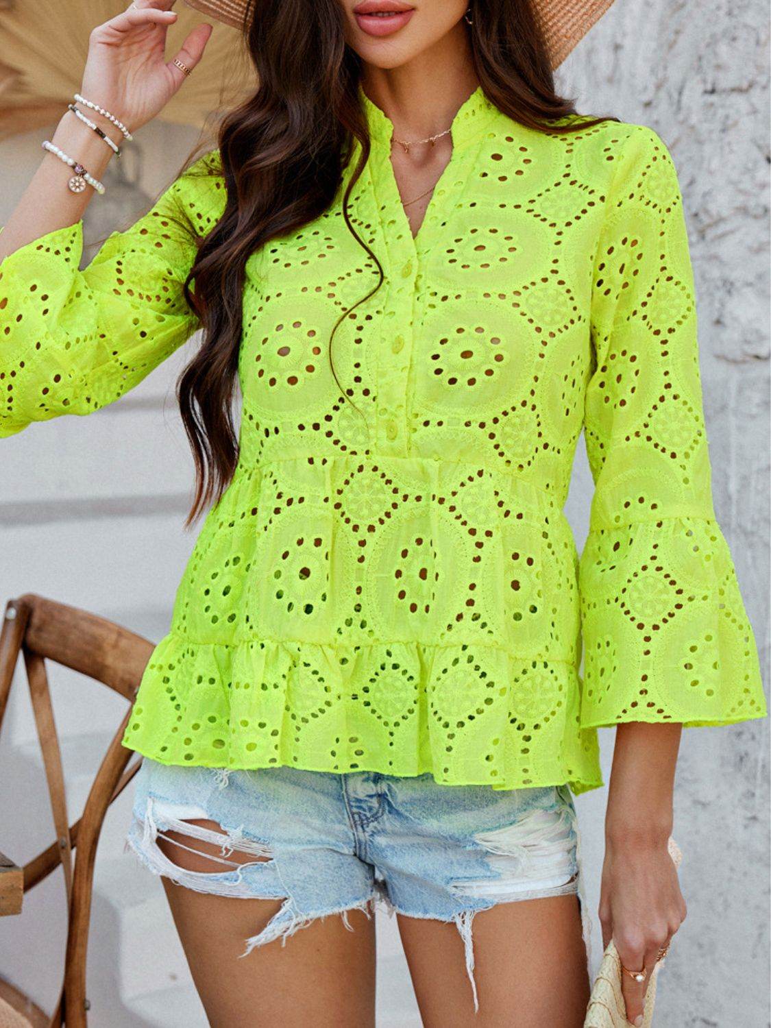 Devine Half Button Flounce Sleeve Peplum Blouse - Hovatok
