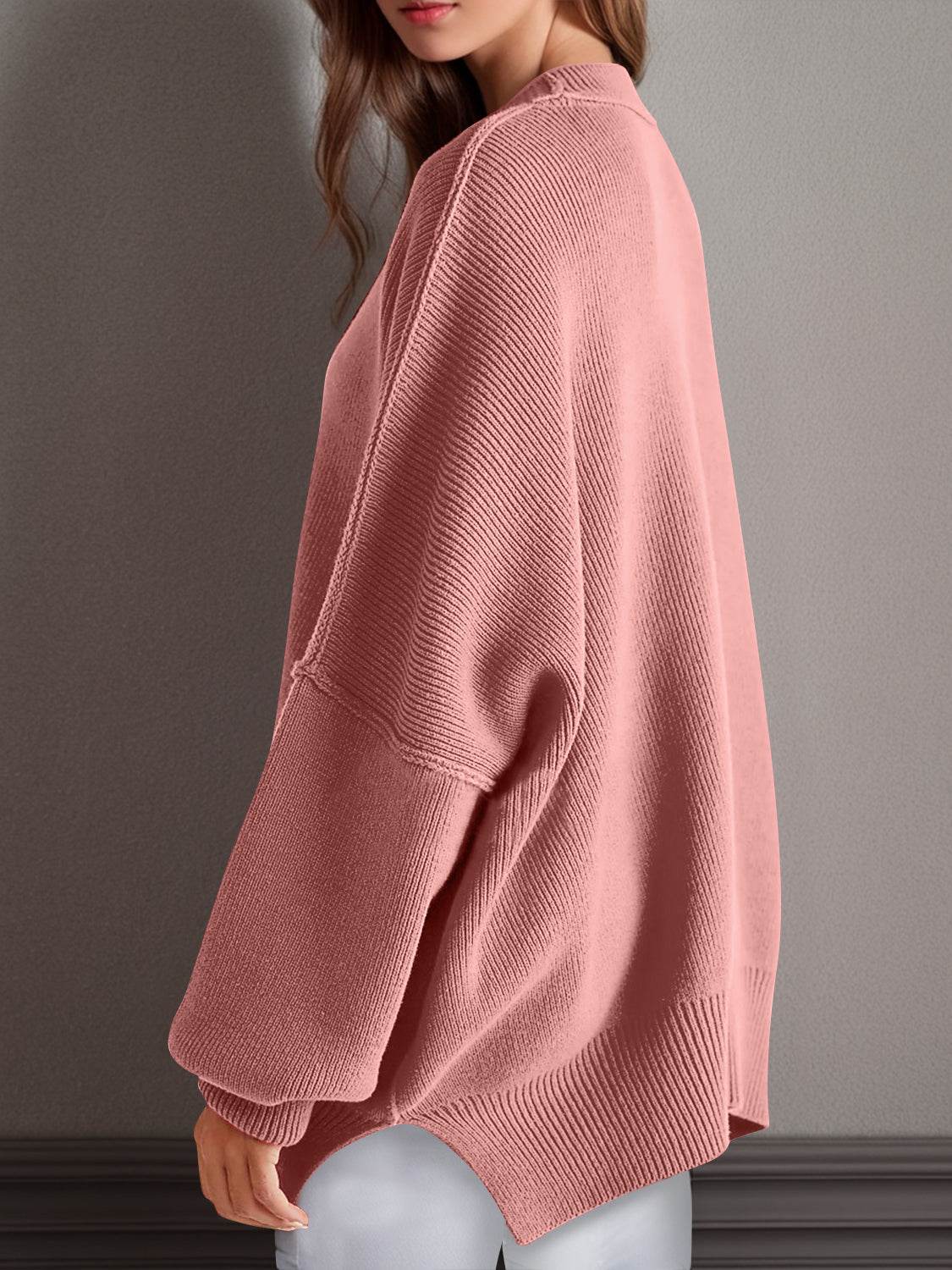 Double Take Side Slit Round Neck Long Sleeve Sweater - Hovatok