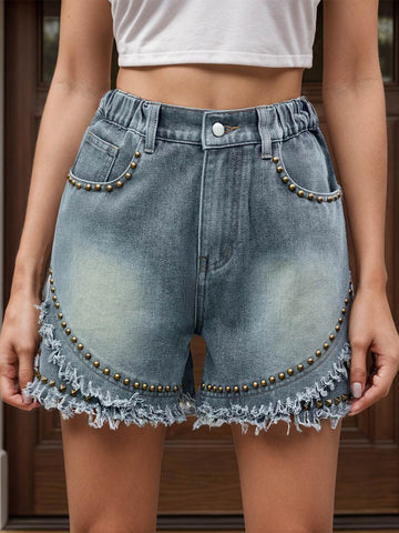 Raw Hem Studded Denim Shorts - Hovatok