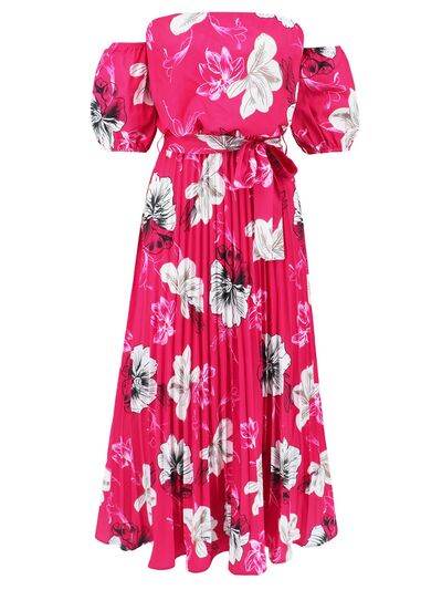 Pleated Floral Off-Shoulder Short Sleeve Midi Dress - Hovatok