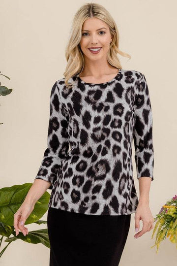 Celeste Full Size Leopard Round Neck Three-Quarter Sleeve T-Shirt - Hovatok