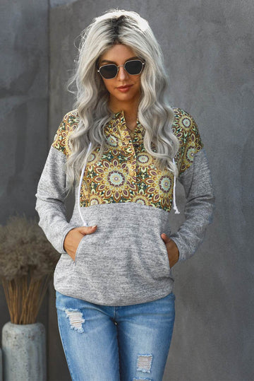Floral Drawstring Half Snap Hoodie - Hovatok