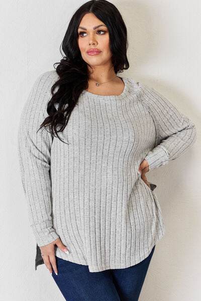 Basic Bae Full Size Ribbed Round Neck Slit T-Shirt - Hovatok