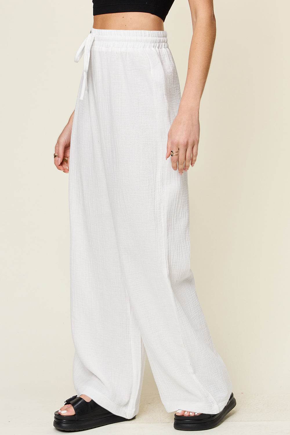 Double Take Full Size Texture Drawstring Wide Leg Pants - Hovatok