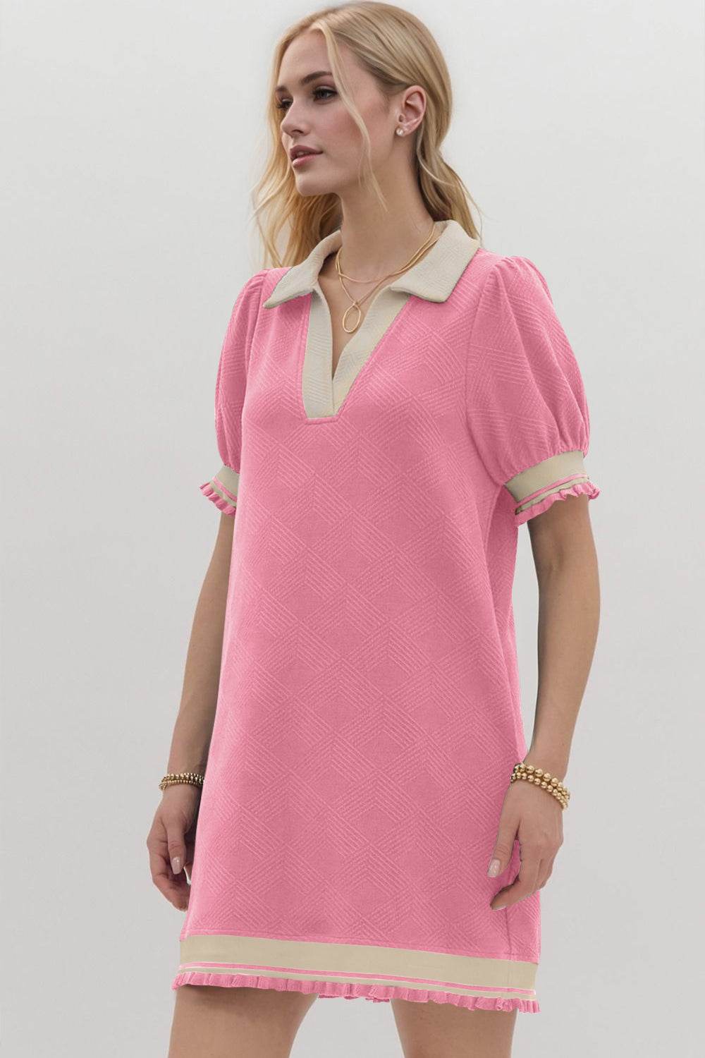 Oh Frill Contrast Trim Johnny Collar Short Sleeve Mini Dress - Hovatok