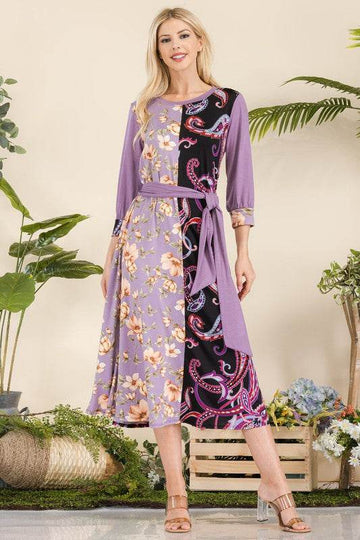 Celeste Full Size Paisley And Floral Contrast Tent Midi Dress Plus Size - Hovatok
