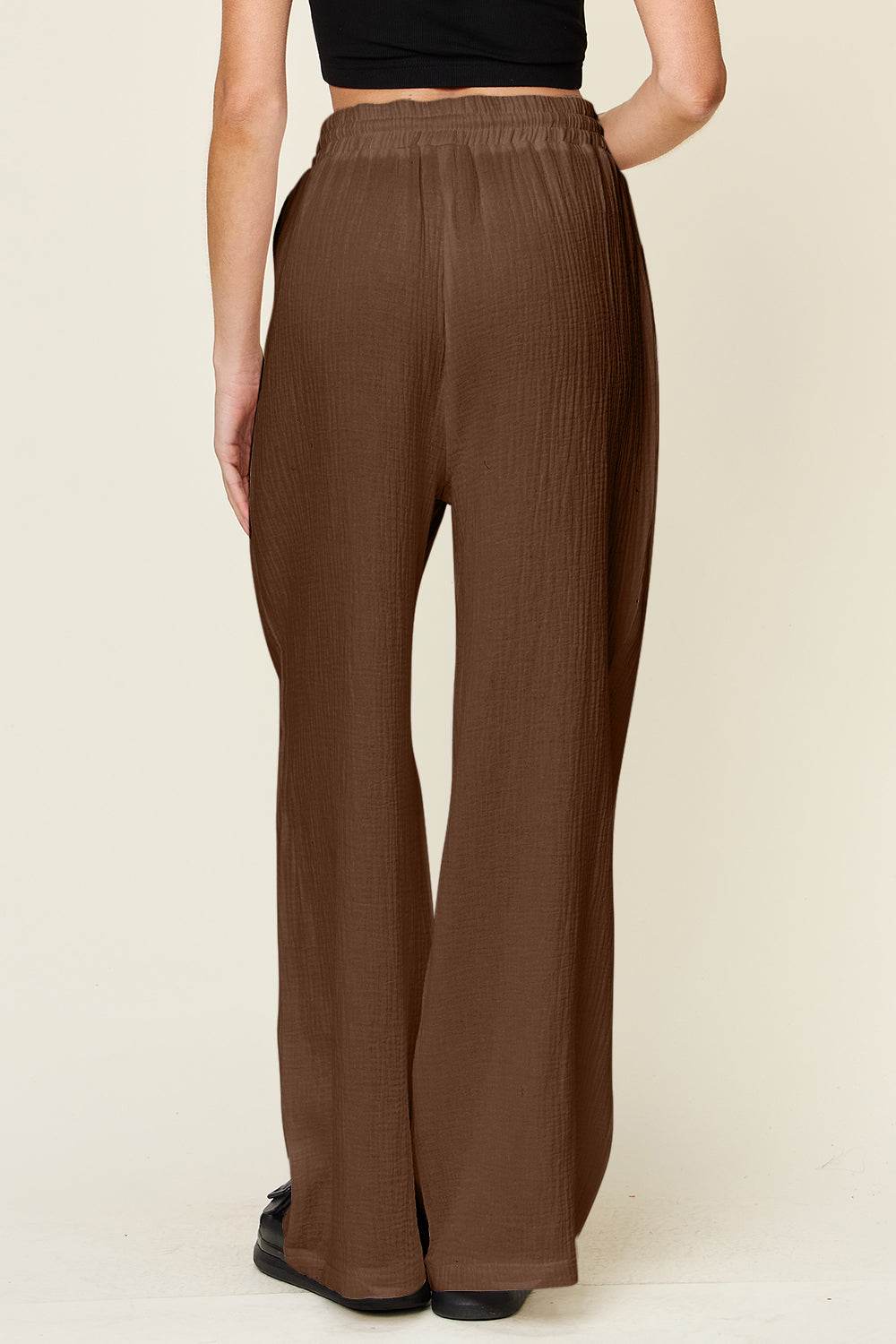 Double Take Full Size Texture Drawstring Wide Leg Pants - Hovatok