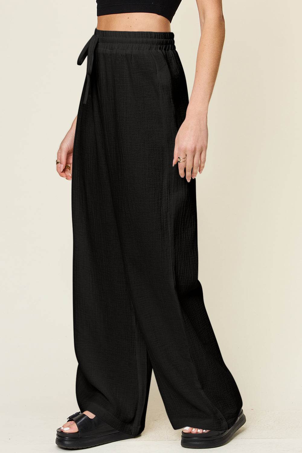 Double Take Full Size Texture Drawstring Wide Leg Pants - Hovatok