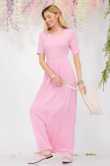 Celeste Plus Size Round Neck Short Sleeve Maxi Dress with Pockets - Hovatok
