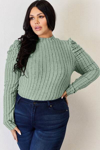 Basic Bae Full Size Ribbed Mock Neck Puff Sleeve T-Shirt - Hovatok